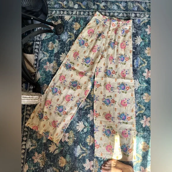 Spell Solstice Floral Wide-Leg Linen Pants - Cream and Pink
